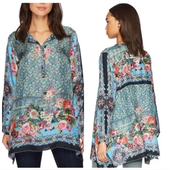 Johnny WasWomen's Floral Silk Tunic Top – Boho Luxe Statement Piece Size L